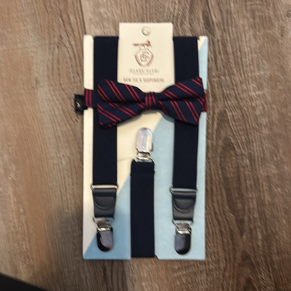 Boys Bow tie red and navy & navy suspenders
Class Club (Dillard’s)